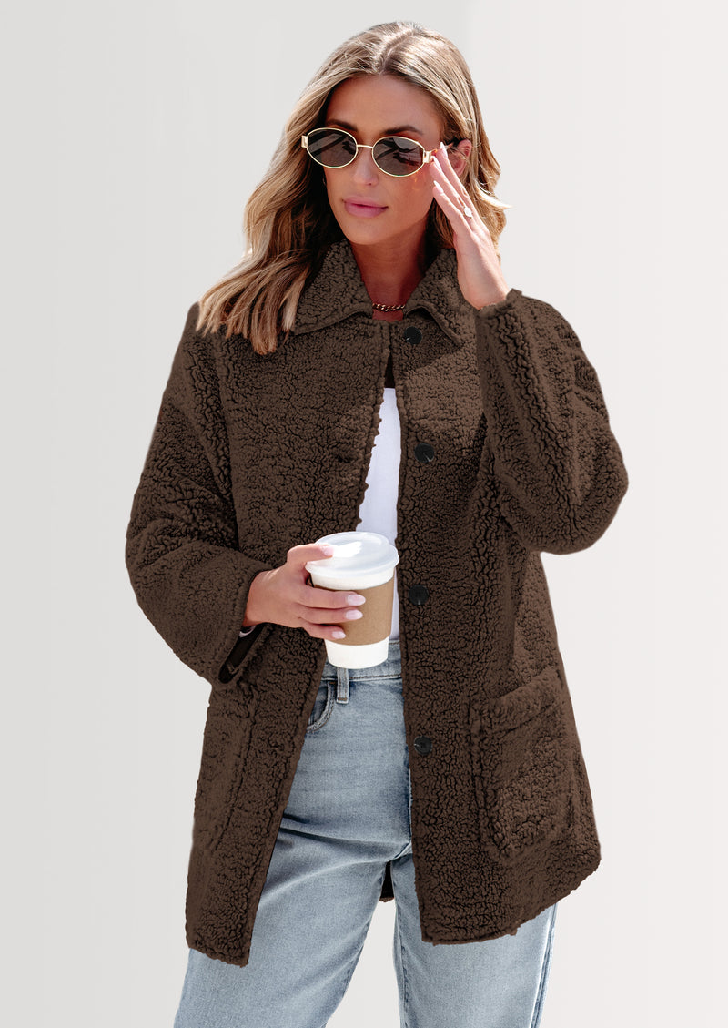 PRETTYGARDEN Women's Winter Faux Fur Coats Long Sleeve Lapel Button Down Pockets Fleece Sherpa Jacket Casual Trendy Outerwear