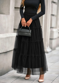 PRETTYGARDEN Maxi Skirts for Women Fall Tulle High Waisted Ruffle Flowy A-Line Long Skirt Country Concert Outfits