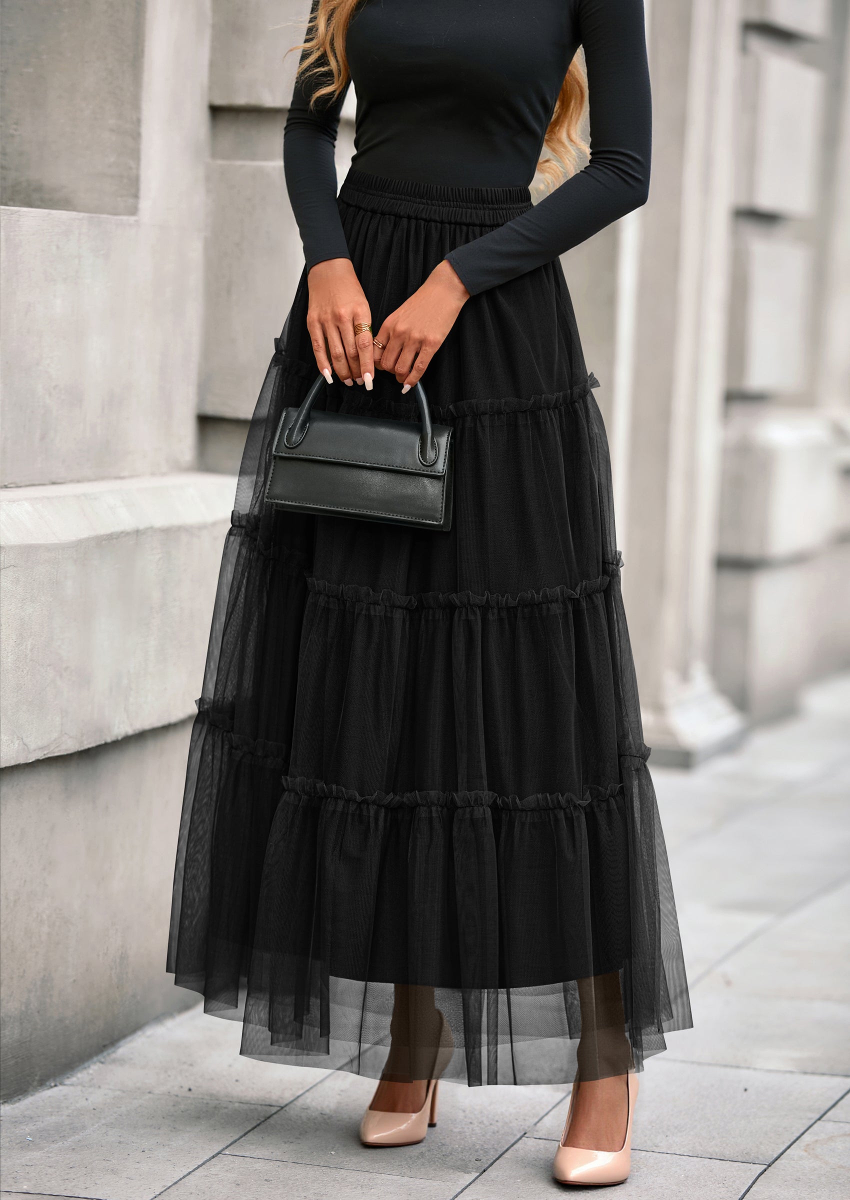 PRETTYGARDEN Maxi Skirts for Women Fall Tulle High Waisted Ruffle Flowy A-Line Long Skirt Country Concert Outfits
