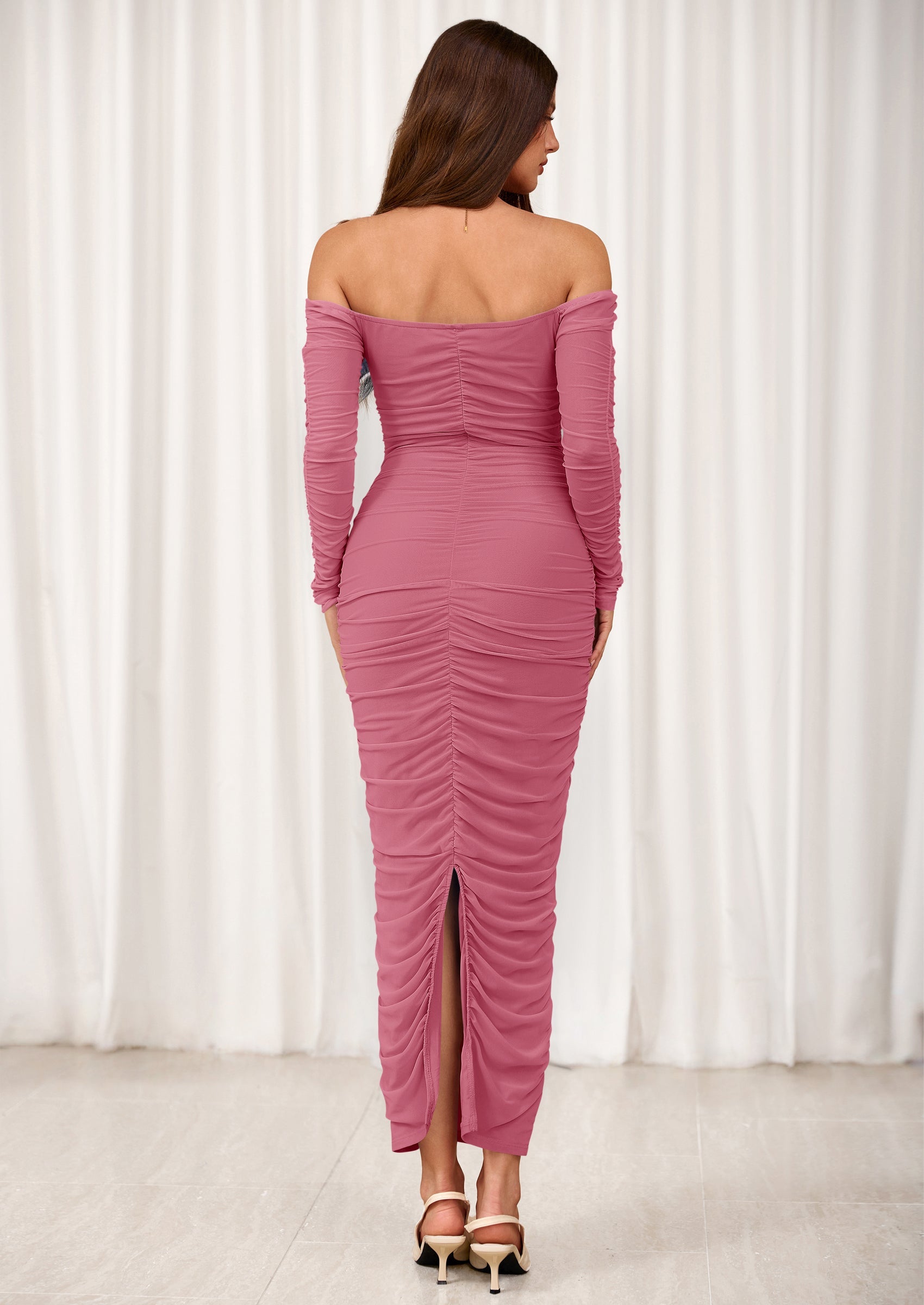 PRETTYGARDEN Womens Fall Long Sleeve Maxi Dress Off Shoulder Mesh Ruched Bodycon Trendy Long Wedding Guest Dresses PRETTYGARDEN