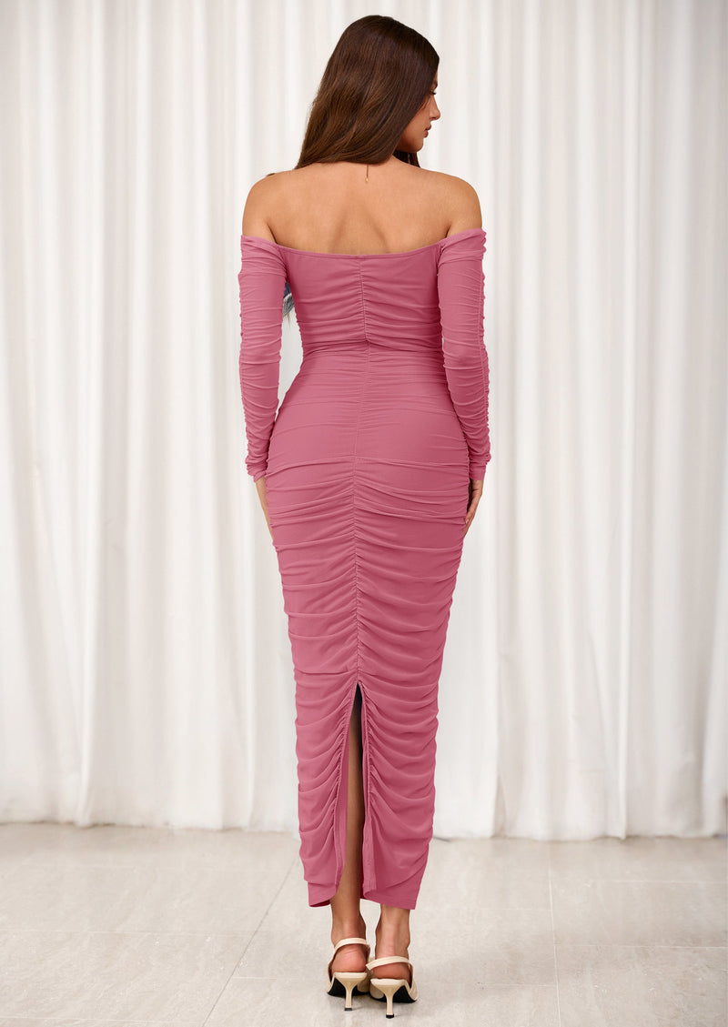 PRETTYGARDEN Womens Fall Long Sleeve Maxi Dress Off Shoulder Mesh Ruched Bodycon Trendy Long Wedding Guest Dresses PRETTYGARDEN