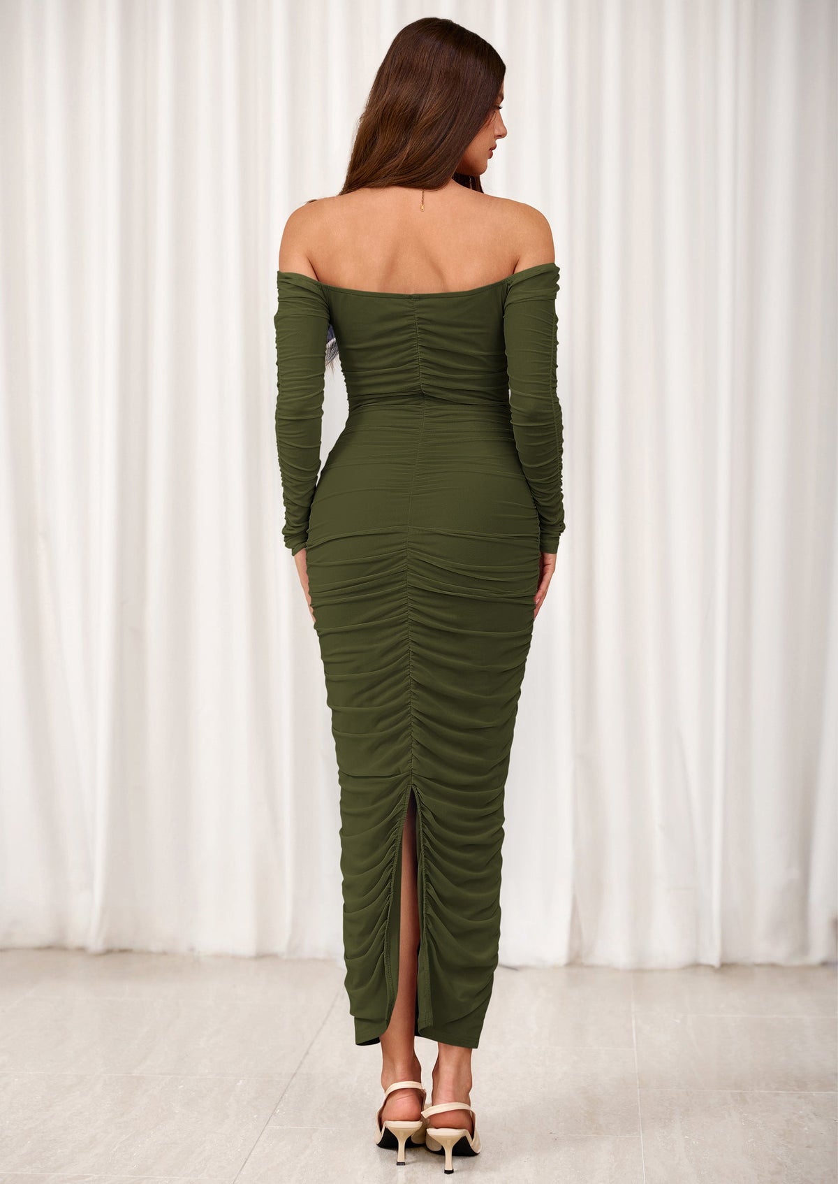 PRETTYGARDEN Womens Fall Long Sleeve Maxi Dress Off Shoulder Mesh Ruched Bodycon Trendy Long Wedding Guest Dresses PRETTYGARDEN