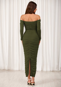 PRETTYGARDEN Womens Fall Long Sleeve Maxi Dress Off Shoulder Mesh Ruched Bodycon Trendy Long Wedding Guest Dresses PRETTYGARDEN