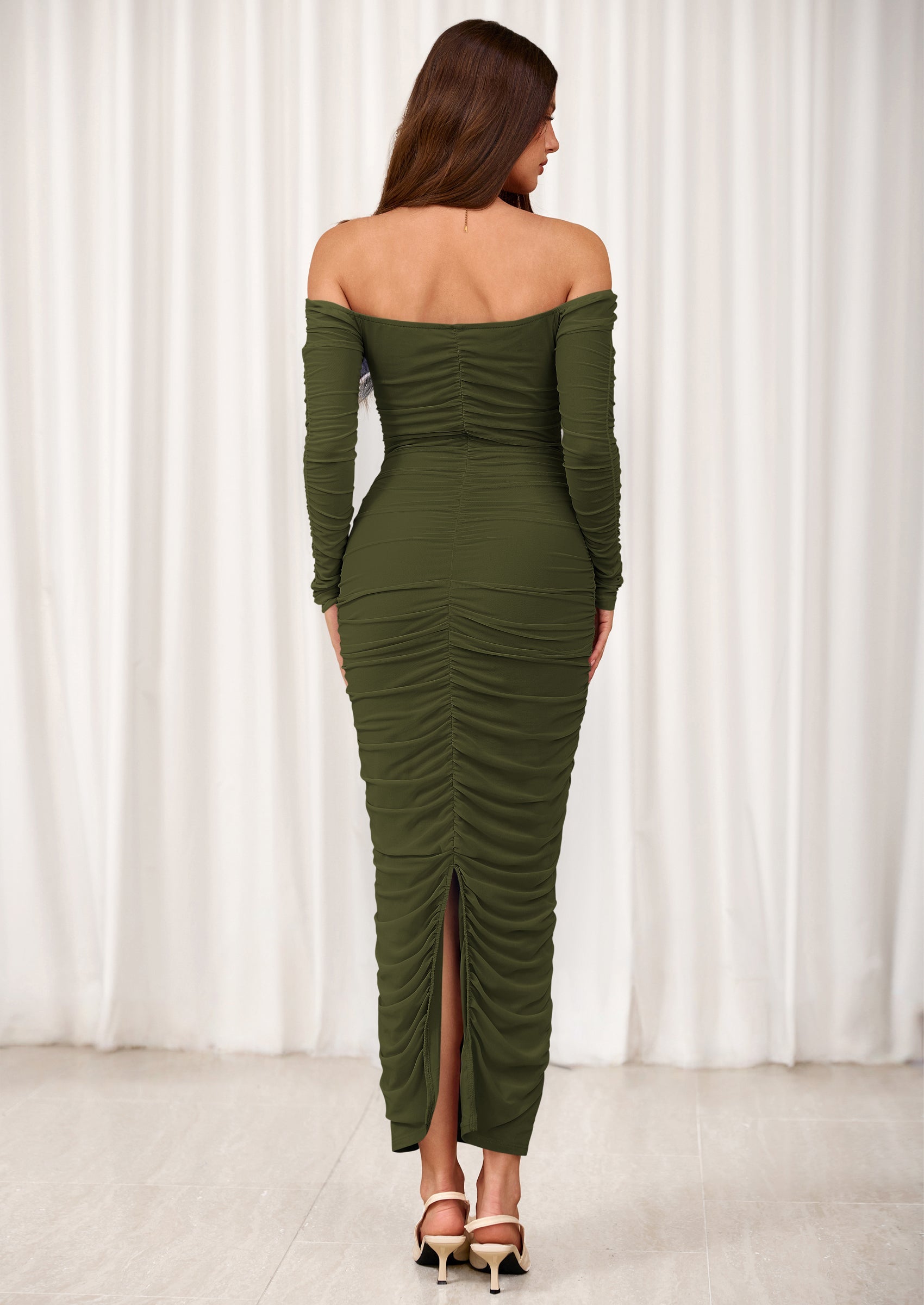 PRETTYGARDEN Womens Fall Long Sleeve Maxi Dress Off Shoulder Mesh Ruched Bodycon Trendy Long Wedding Guest Dresses PRETTYGARDEN