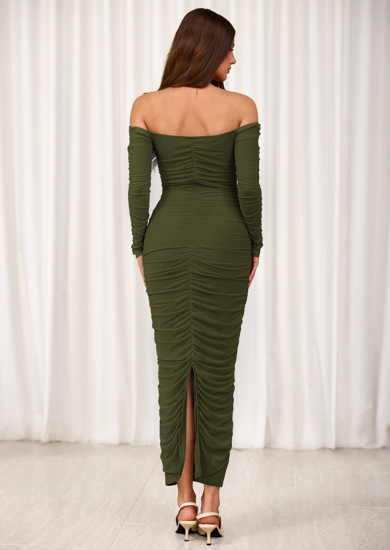 PRETTYGARDEN Womens Fall Long Sleeve Maxi Dress Off Shoulder Mesh Ruched Bodycon Trendy Long Wedding Guest Dresses PRETTYGARDEN