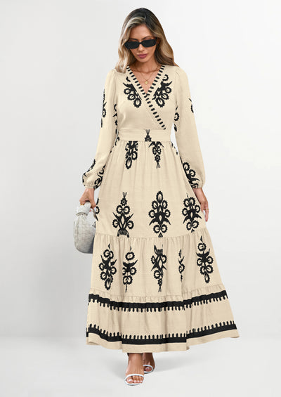 PRETTYGARDEN Women's Fall Wedding Guest Dresses Boho Floral Long Sleeve V Neck Flowy Elegant Maxi Dress Beach Clothes