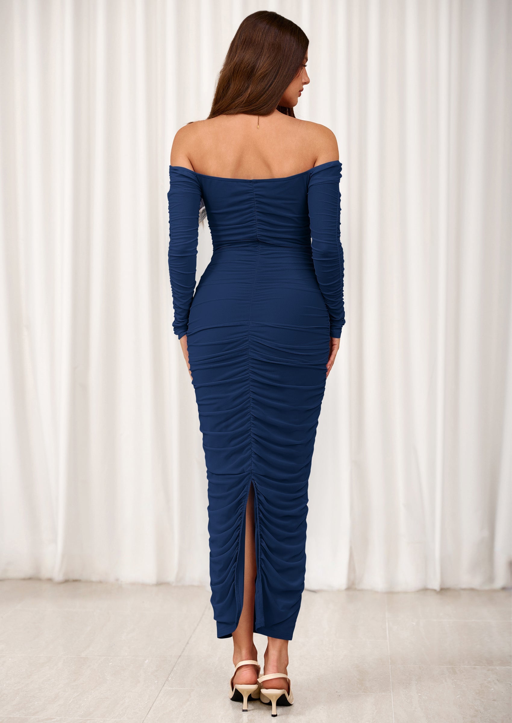 PRETTYGARDEN Womens Fall Long Sleeve Maxi Dress Off Shoulder Mesh Ruched Bodycon Trendy Long Wedding Guest Dresses PRETTYGARDEN