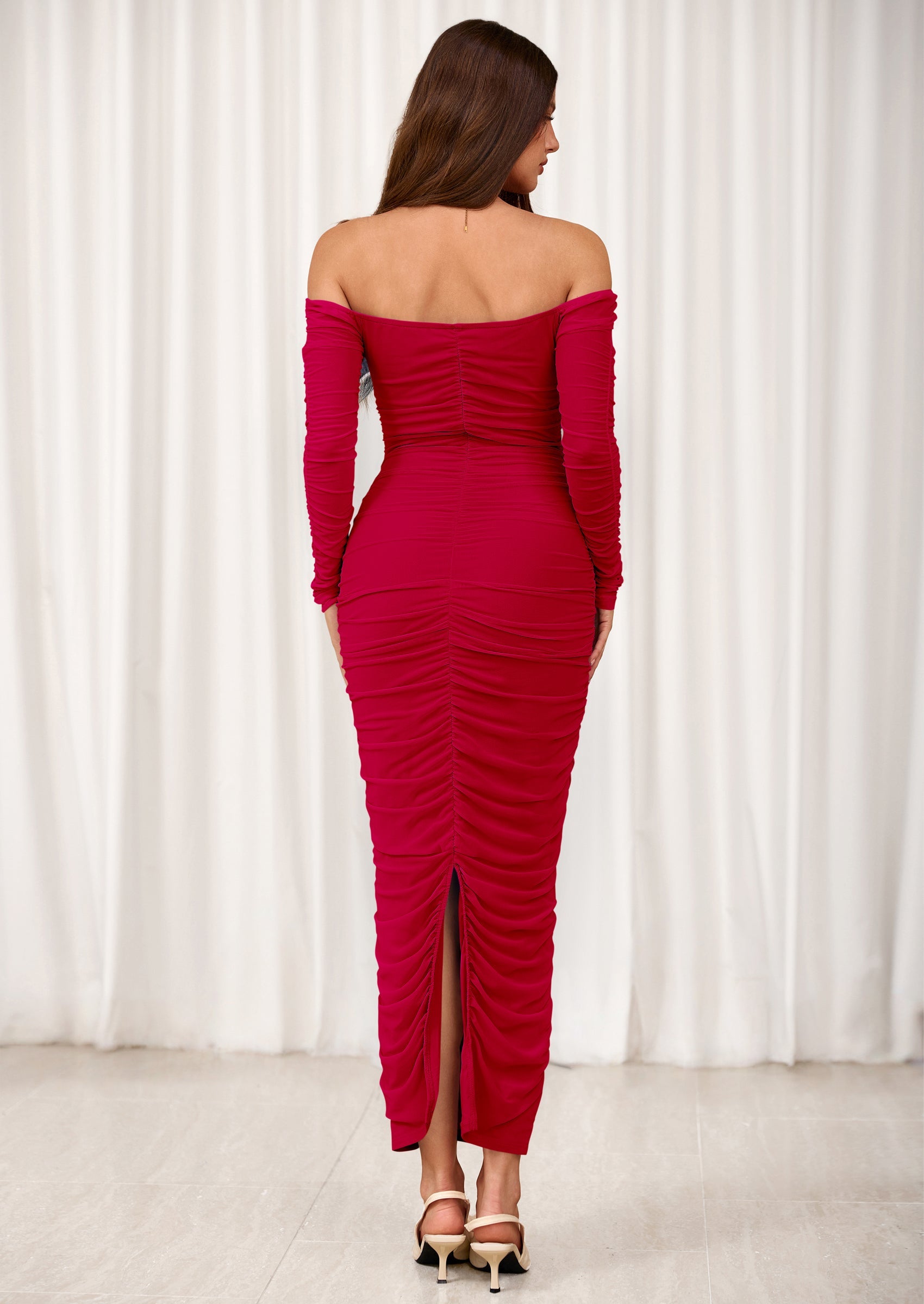 PRETTYGARDEN Womens Fall Long Sleeve Maxi Dress Off Shoulder Mesh Ruched Bodycon Trendy Long Wedding Guest Dresses PRETTYGARDEN