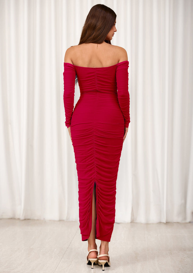 PRETTYGARDEN Womens Fall Long Sleeve Maxi Dress Off Shoulder Mesh Ruched Bodycon Trendy Long Wedding Guest Dresses PRETTYGARDEN