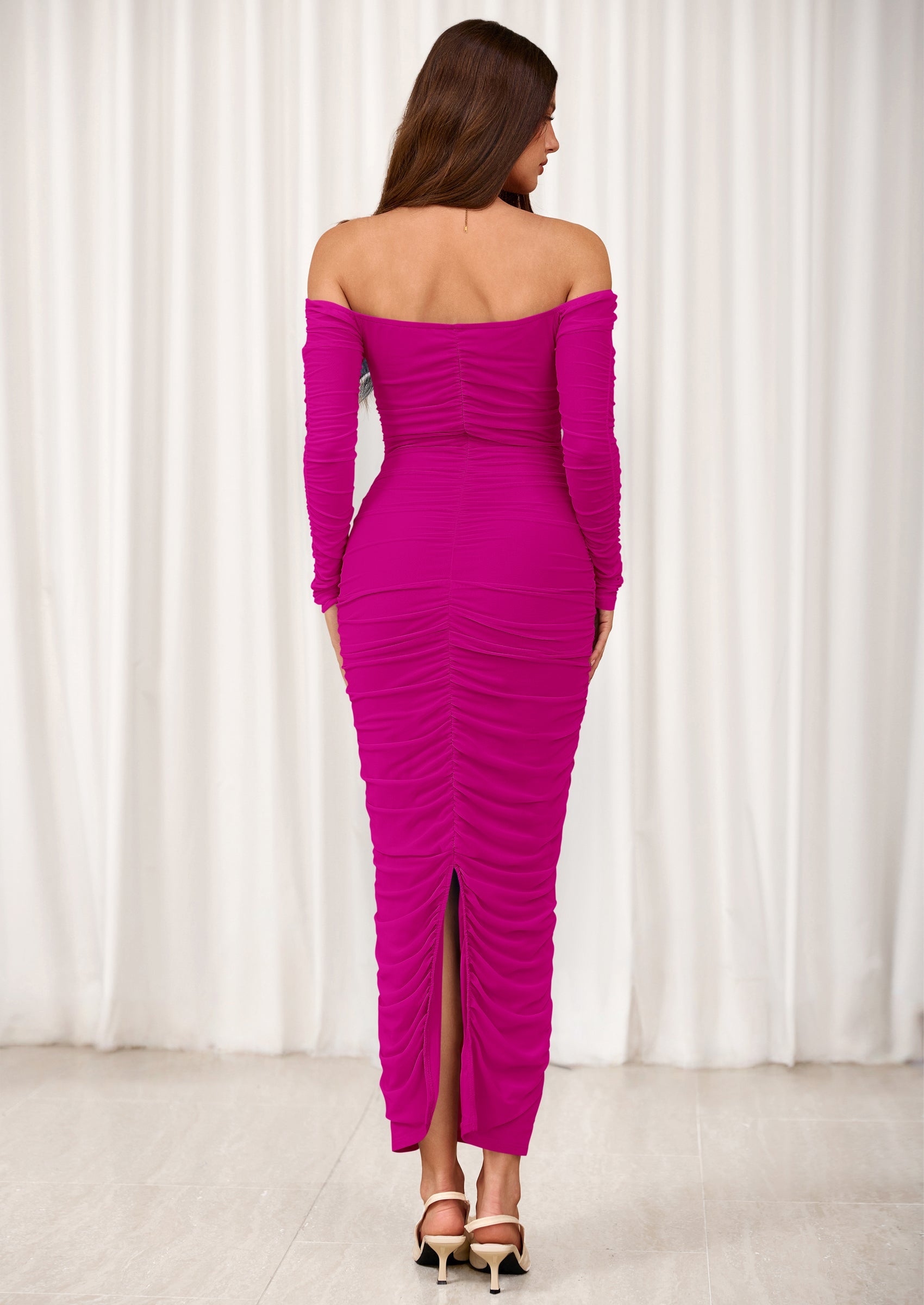 PRETTYGARDEN Womens Fall Long Sleeve Maxi Dress Off Shoulder Mesh Ruched Bodycon Trendy Long Wedding Guest Dresses PRETTYGARDEN