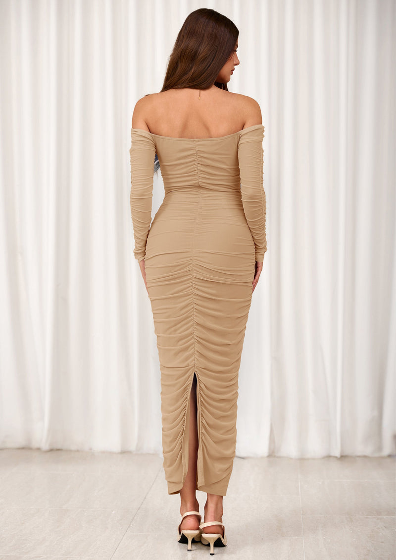 PRETTYGARDEN Womens Fall Long Sleeve Maxi Dress Off Shoulder Mesh Ruched Bodycon Trendy Long Wedding Guest Dresses PRETTYGARDEN