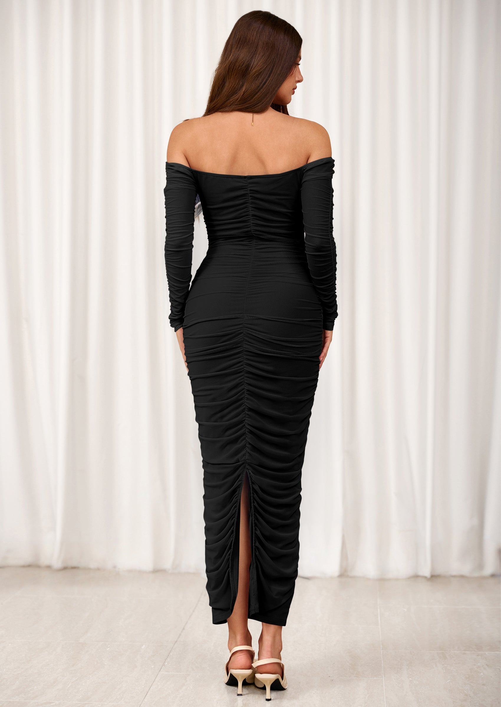 PRETTYGARDEN Womens Fall Long Sleeve Maxi Dress Off Shoulder Mesh Ruched Bodycon Trendy Long Wedding Guest Dresses PRETTYGARDEN