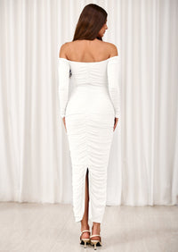 PRETTYGARDEN Womens Fall Long Sleeve Maxi Dress Off Shoulder Mesh Ruched Bodycon Trendy Long Wedding Guest Dresses PRETTYGARDEN