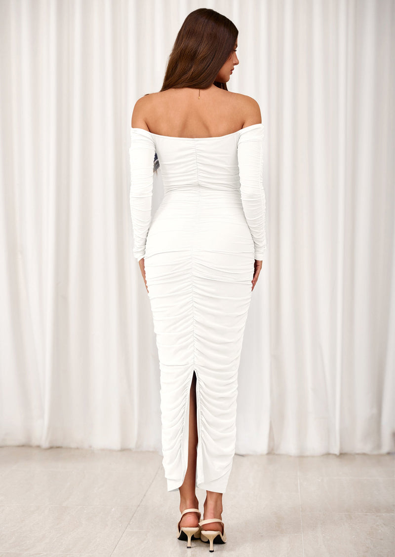 PRETTYGARDEN Womens Fall Long Sleeve Maxi Dress Off Shoulder Mesh Ruched Bodycon Trendy Long Wedding Guest Dresses PRETTYGARDEN