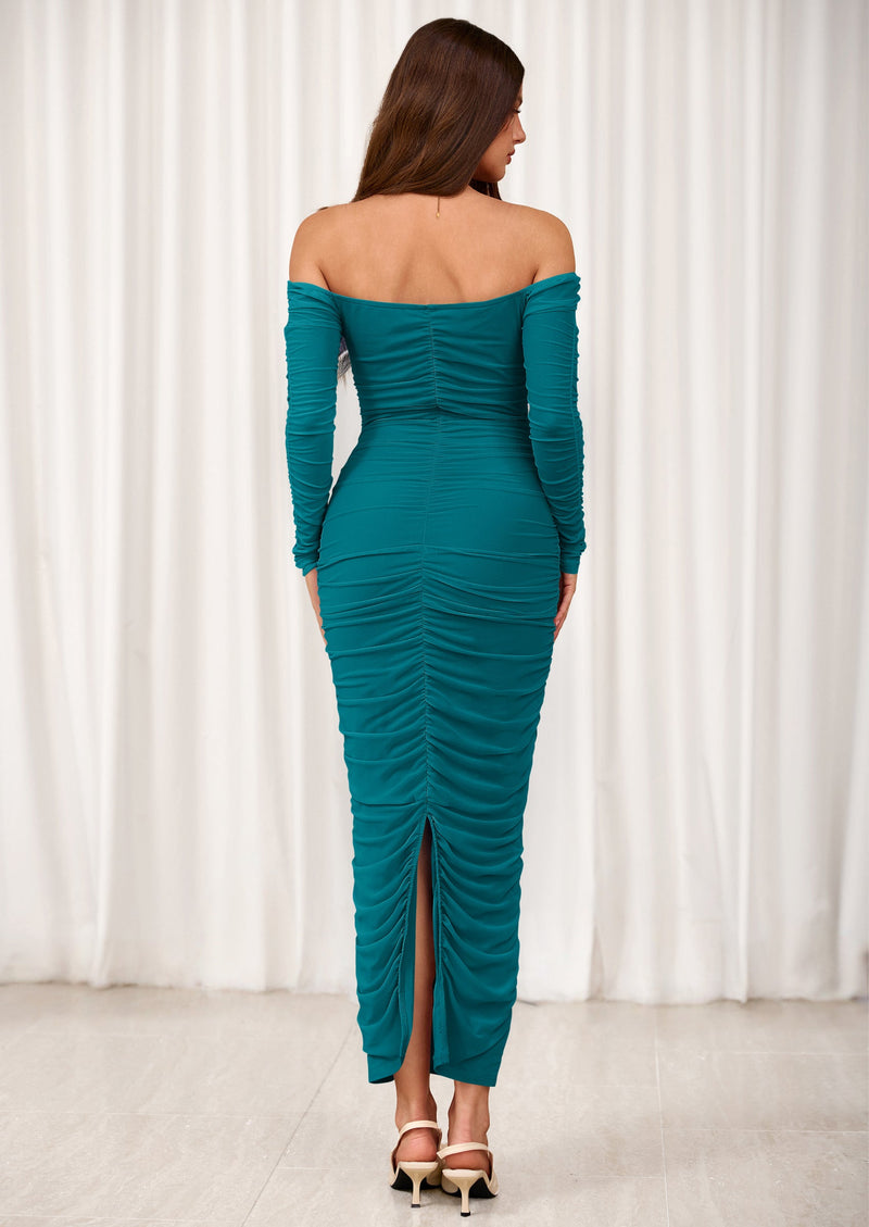 PRETTYGARDEN Womens Fall Long Sleeve Maxi Dress Off Shoulder Mesh Ruched Bodycon Trendy Long Wedding Guest Dresses PRETTYGARDEN