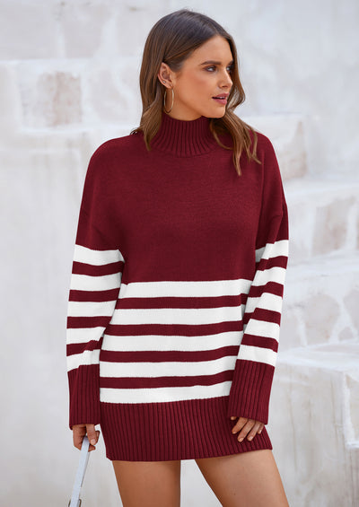 PRETTYGARDEN Women's Oversized Striped Sweaters Fall Casual Long Sleeve Turtleneck Pullover Chunky Knit Jumper Tops