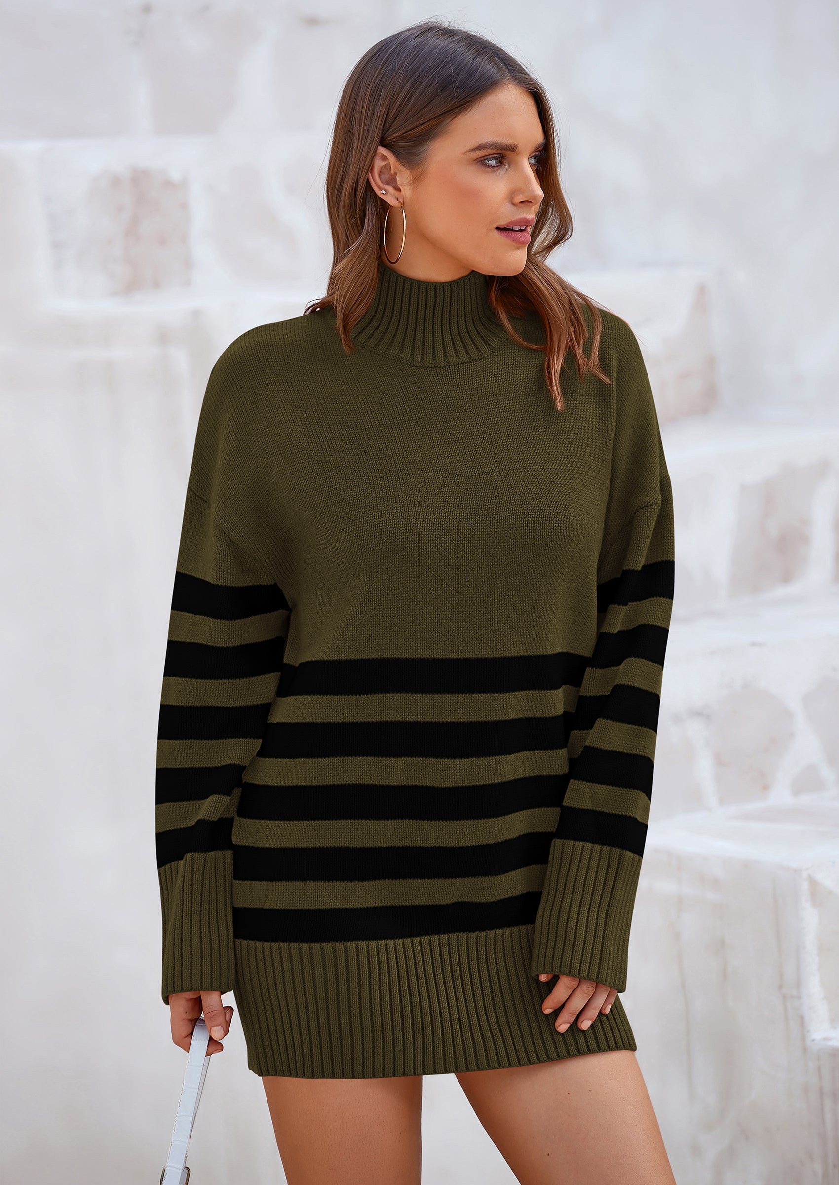 PRETTYGARDEN Women's Oversized Striped Sweaters Fall Casual Long Sleeve Turtleneck Pullover Chunky Knit Jumper Tops