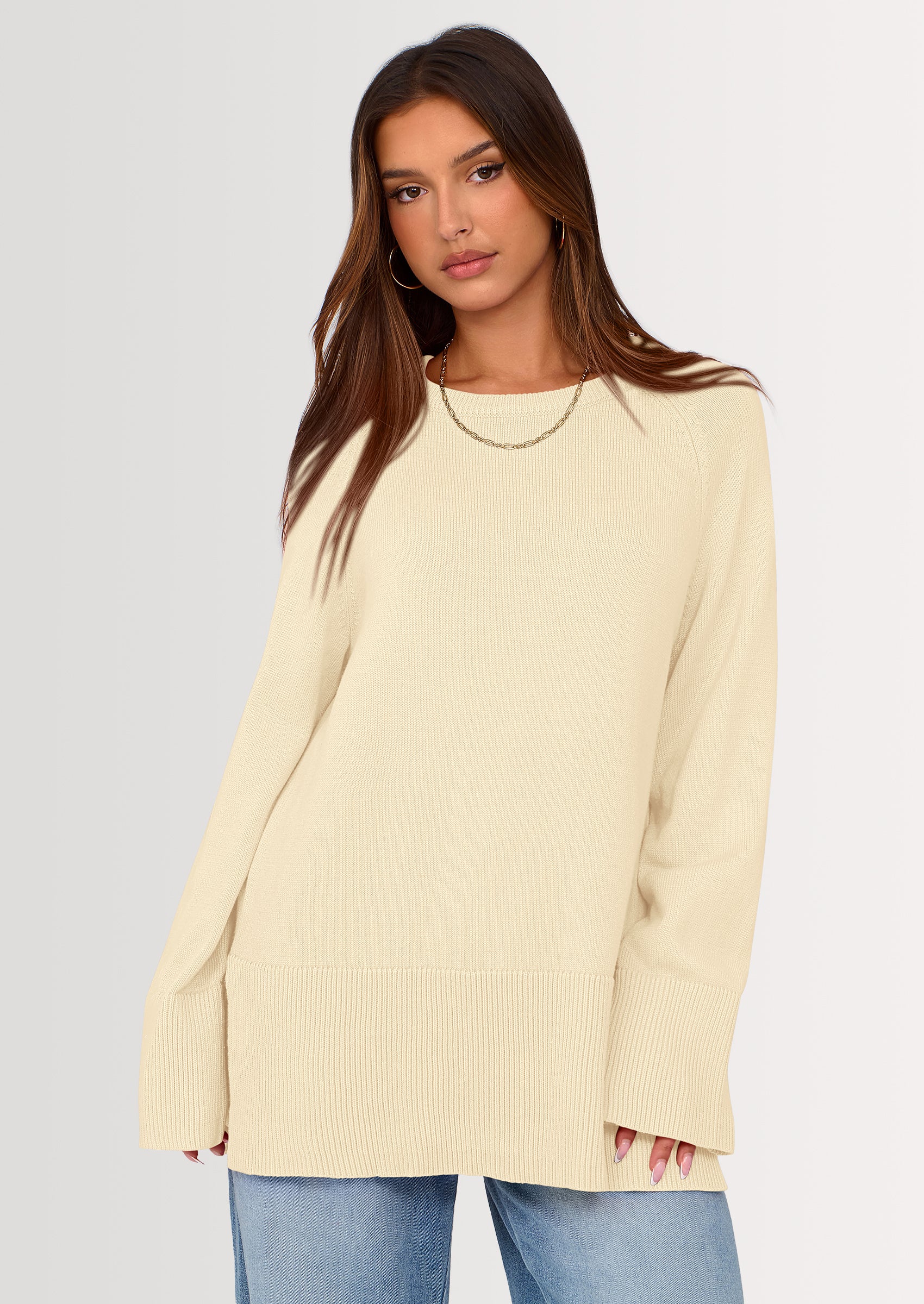 PRETTYGARDEN Women's Knit Fall Sweaters Long Sleeve Pullover Crewneck Split Hem Oversized Tunic Sweater Tops Winter Clothing