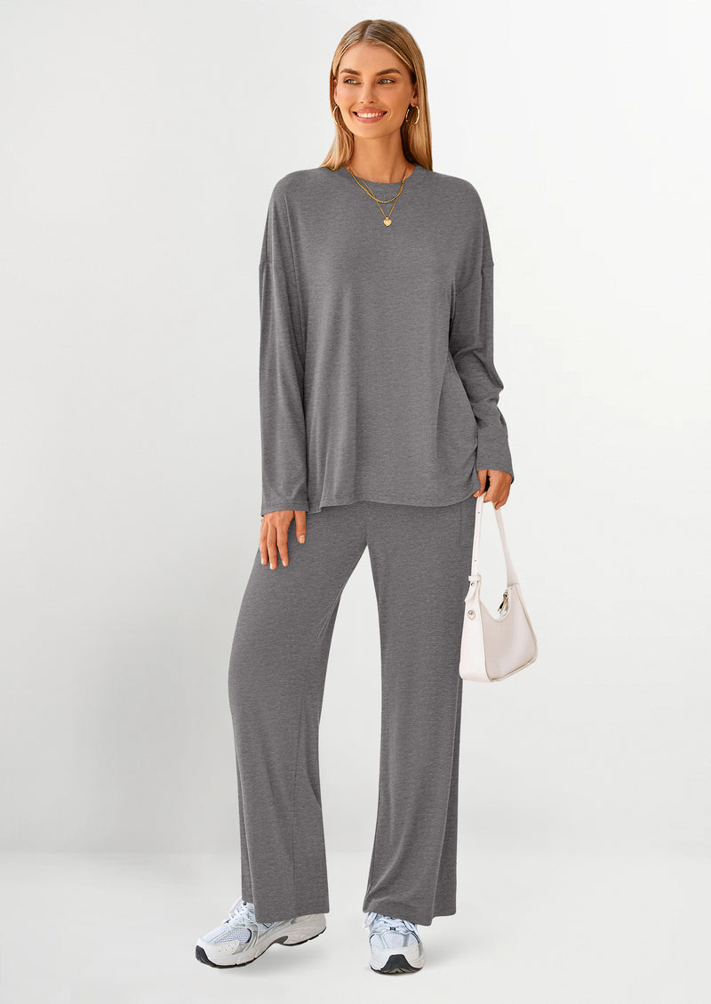 PRETTYGARDEN Women's Two Piece Lounge Sets Matching Long Sleeve Shirts Wide Leg Pants Tracksuits Travel Outfits Fall Clothes