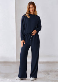 PRETTYGARDEN 2 Piece Long Sleeve Pullover Tops and Wide Leg Pants Knitted Lounge Sets