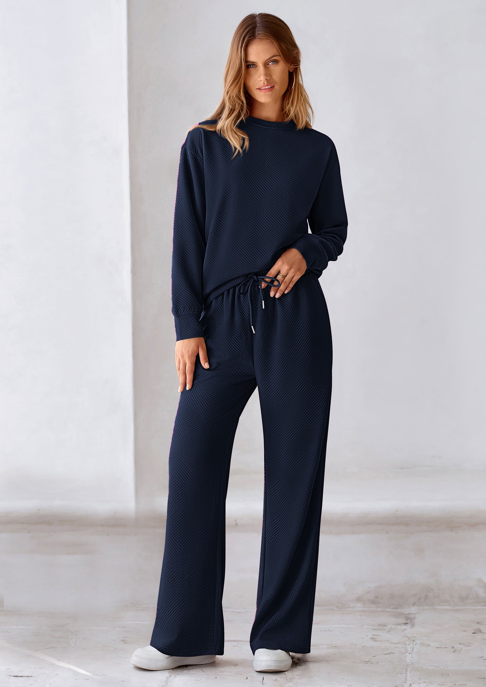 PRETTYGARDEN 2 Piece Long Sleeve Pullover Tops and Wide Leg Pants Knitted Lounge Sets