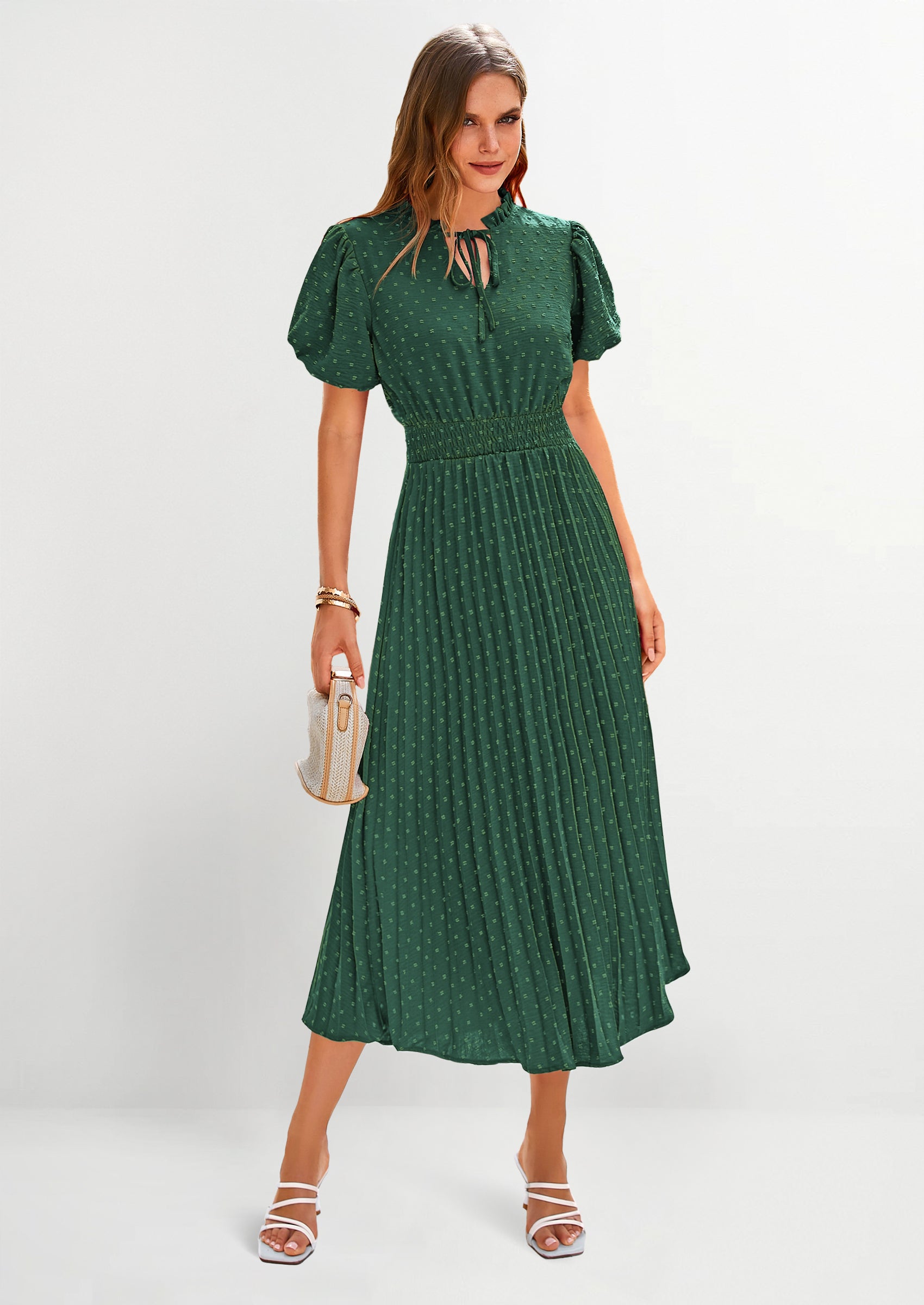 PRETTYGARDEN Womens Midi Dresses Puff Short Sleeve V Neck Swiss Dot Pl