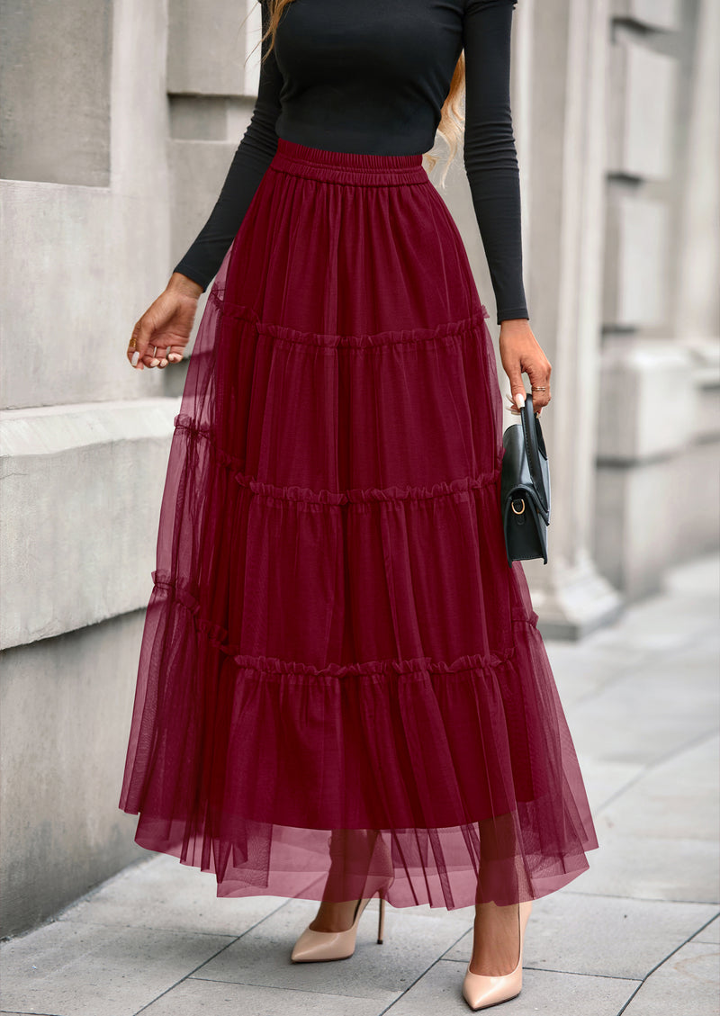 PRETTYGARDEN Maxi Skirts for Women Fall Tulle High Waisted Ruffle Flowy A-Line Long Skirt Country Concert Outfits