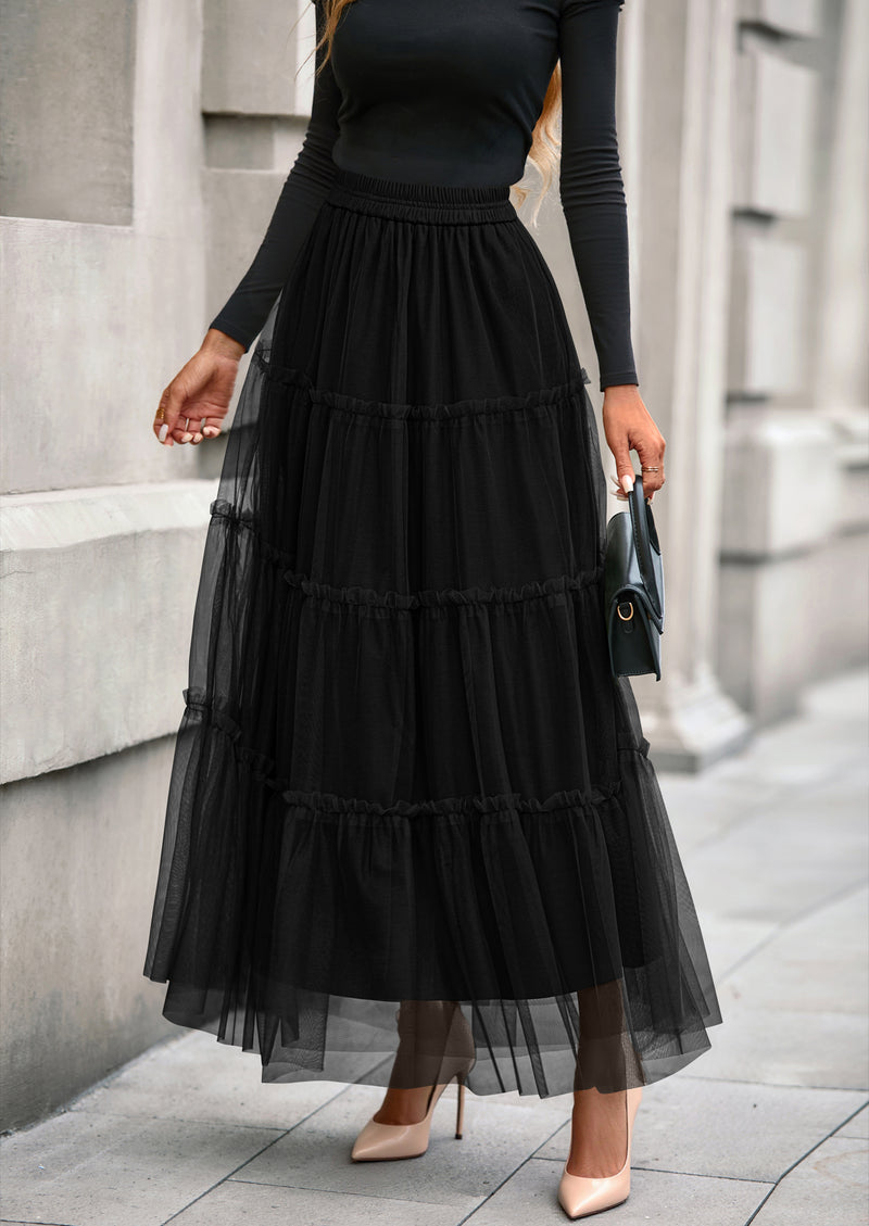 PRETTYGARDEN Maxi Skirts for Women Fall Tulle High Waisted Ruffle Flowy A-Line Long Skirt Country Concert Outfits