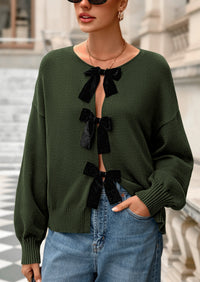PRETTYGARDEN Cardigan Sweaters for Women Fall Bow Tie Front Long Sleeve Knit Sweater Tops Cute Going Out Outfits