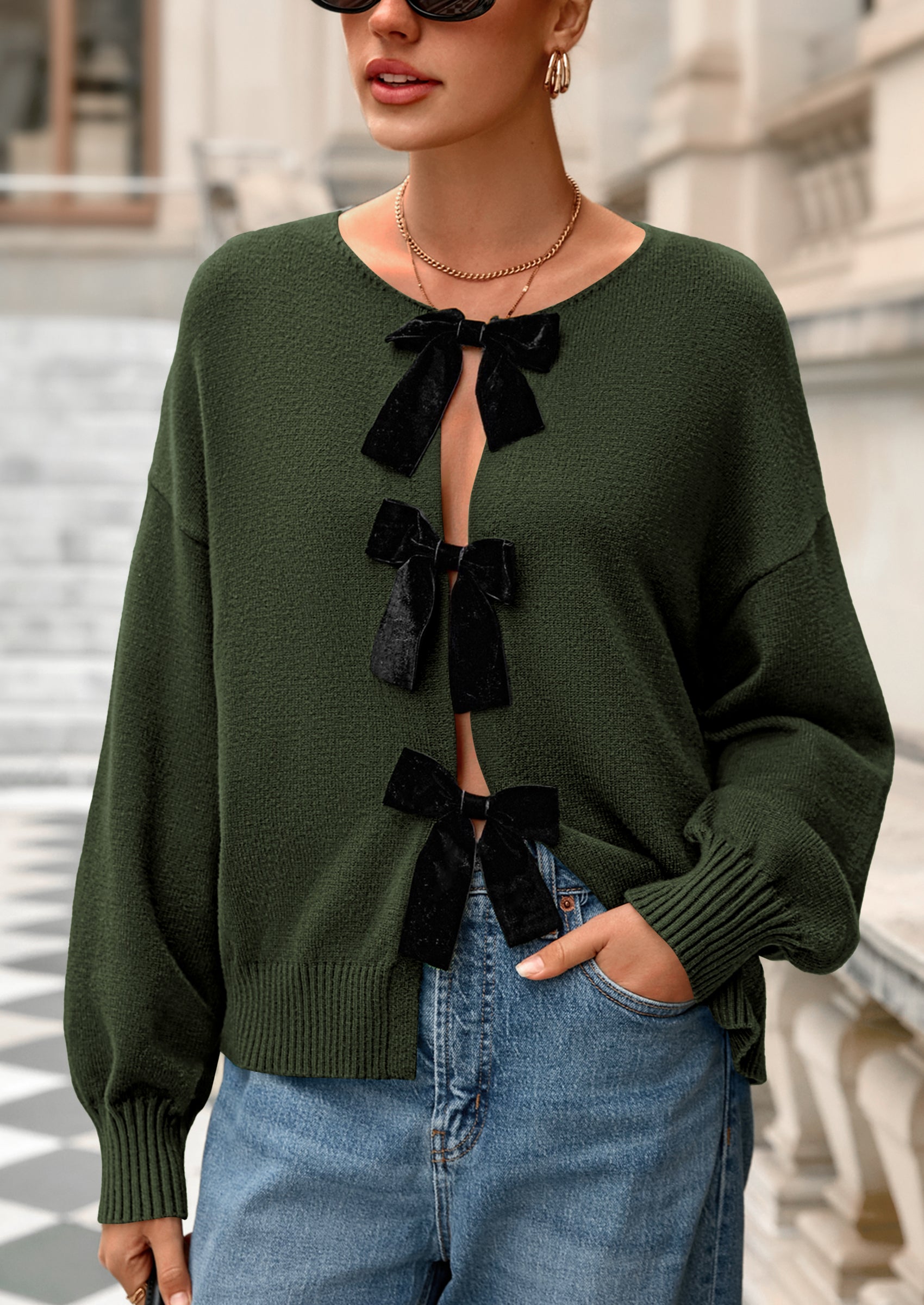PRETTYGARDEN Cardigan Sweaters for Women Fall Bow Tie Front Long Sleeve Knit Sweater Tops Cute Going Out Outfits