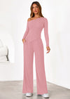 PRETTYGARDEN Casual Two Piece Sets for Women Fall Outfits Asymmetrical Off Shoulder Tops Wide Leg Pants Knit Lounge Set