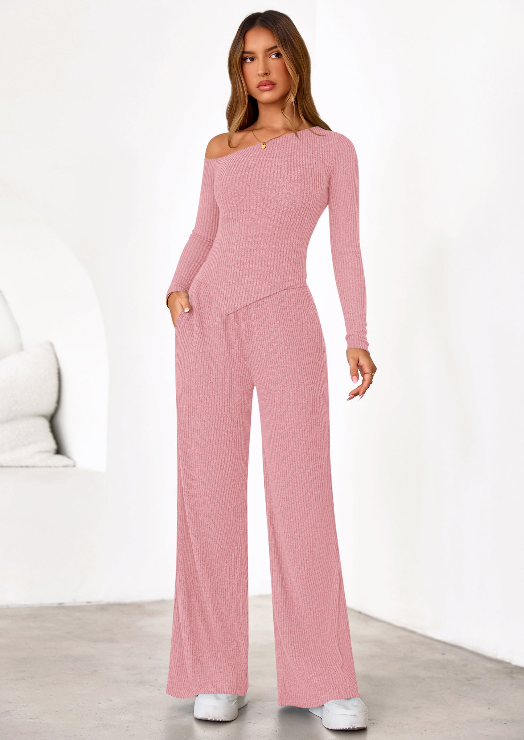 PRETTYGARDEN Casual Two Piece Sets for Women Fall Outfits Asymmetrical Off Shoulder Tops Wide Leg Pants Knit Lounge Set