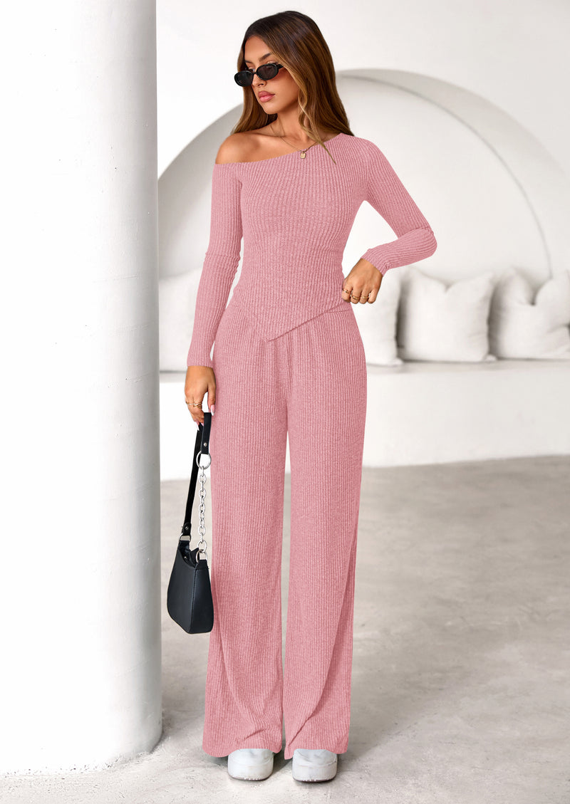 PRETTYGARDEN Casual Two Piece Sets for Women Fall Outfits Asymmetrical Off Shoulder Tops Wide Leg Pants Knit Lounge Set