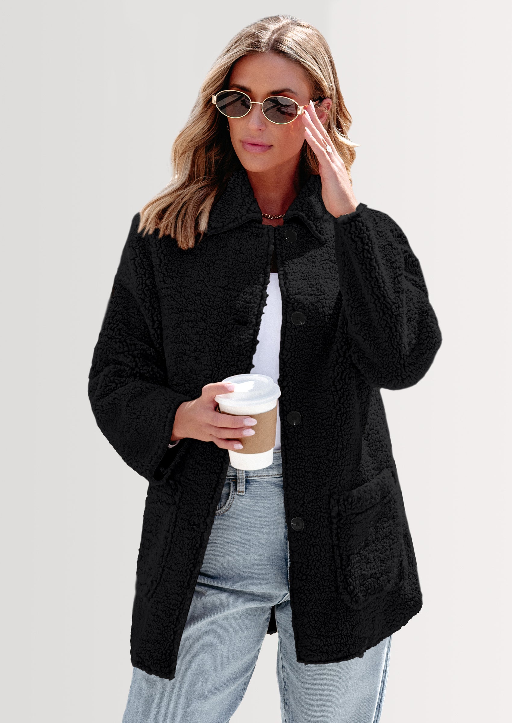 PRETTYGARDEN Women's Winter Faux Fur Coats Long Sleeve Lapel Button Down Pockets Fleece Sherpa Jacket Casual Trendy Outerwear