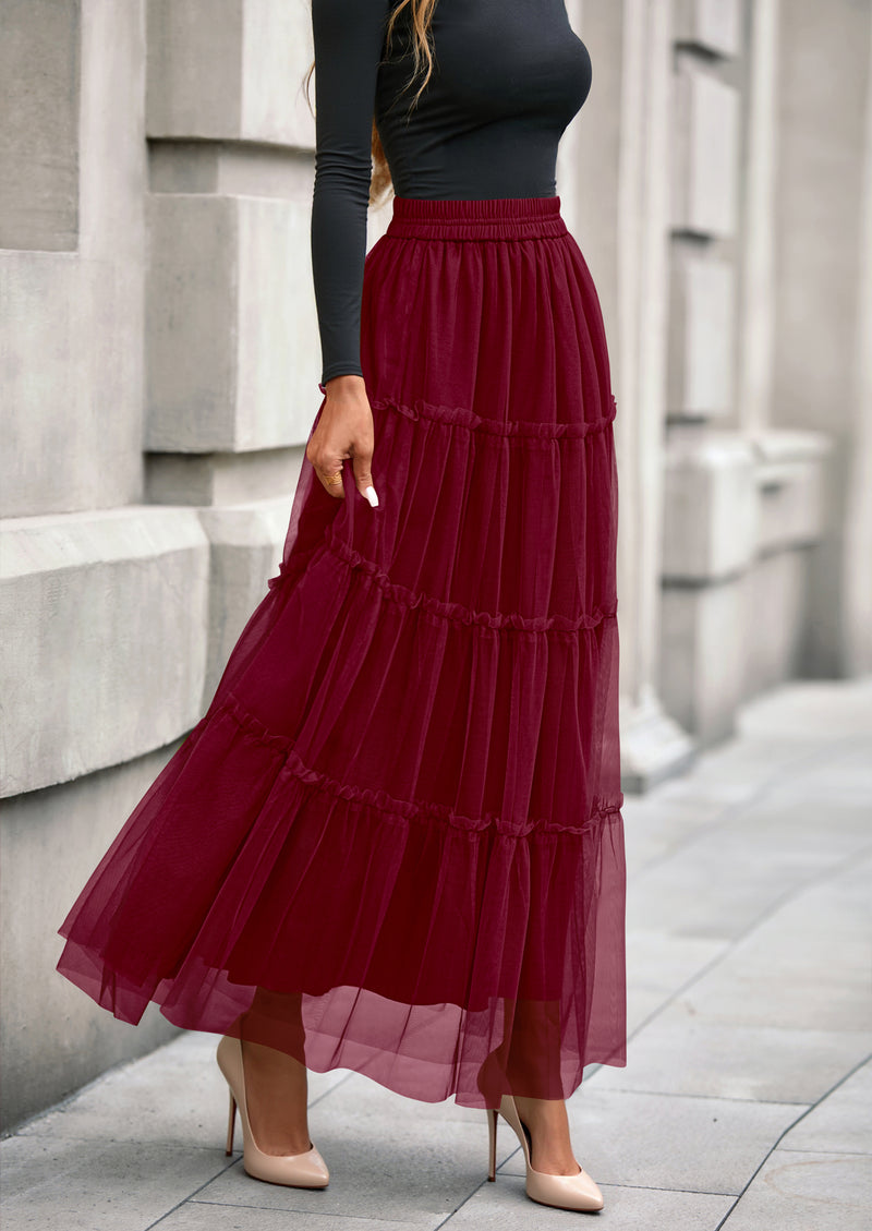 PRETTYGARDEN Maxi Skirts for Women Fall Tulle High Waisted Ruffle Flowy A-Line Long Skirt Country Concert Outfits