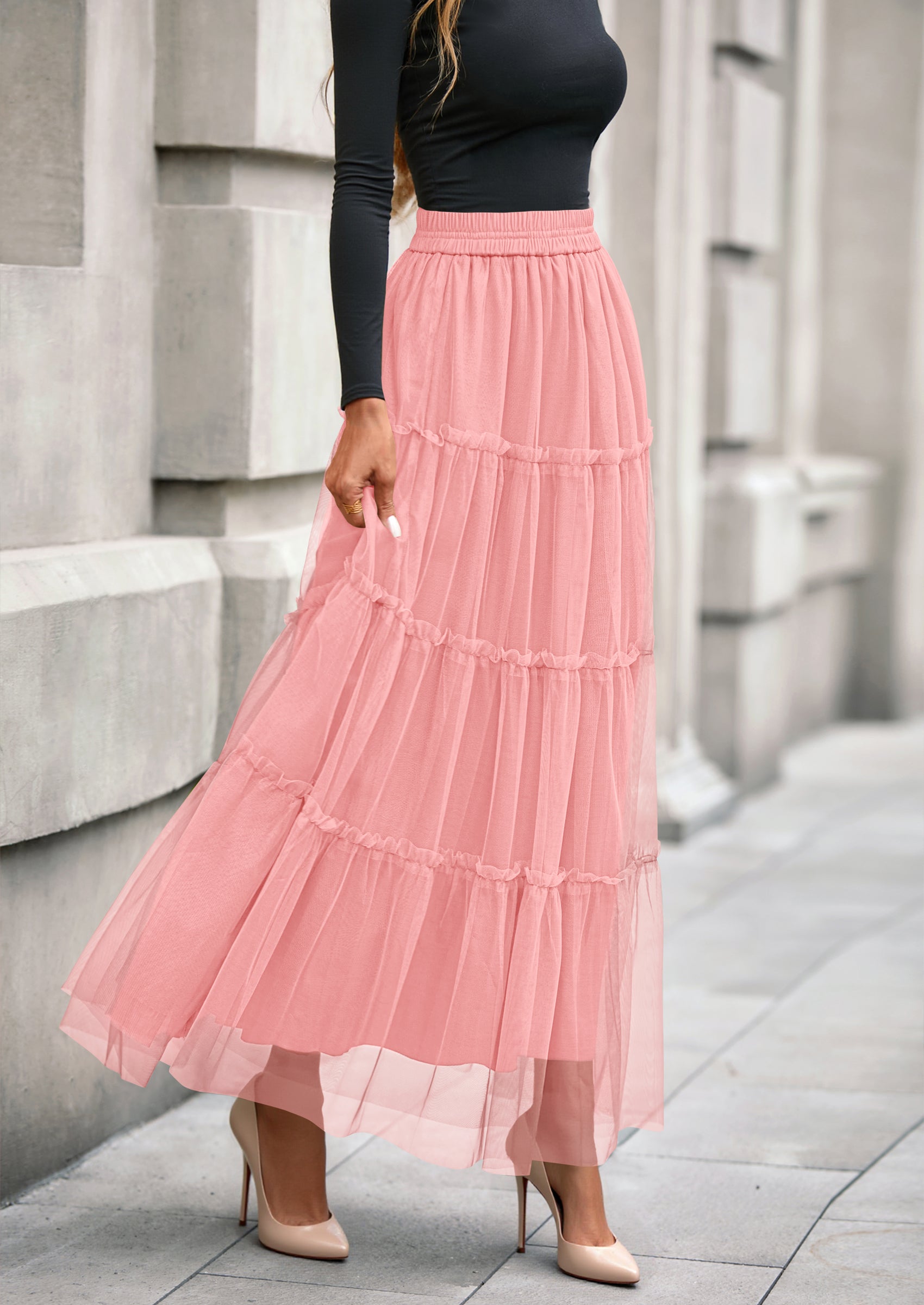 PRETTYGARDEN Maxi Skirts for Women Fall Tulle High Waisted Ruffle Flowy A-Line Long Skirt Country Concert Outfits