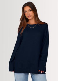 PRETTYGARDEN Women's Knit Fall Sweaters Long Sleeve Pullover Crewneck Split Hem Oversized Tunic Sweater Tops Winter Clothing