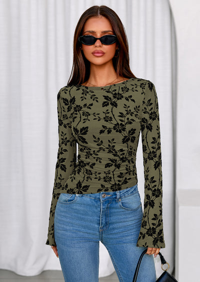 PRETTYGARDEN Women Long Sleeve Floral Mesh Tops Blouse  Fall Trendy Boat Neck Ruched Fitted Shirt Going Out Date Outfits
