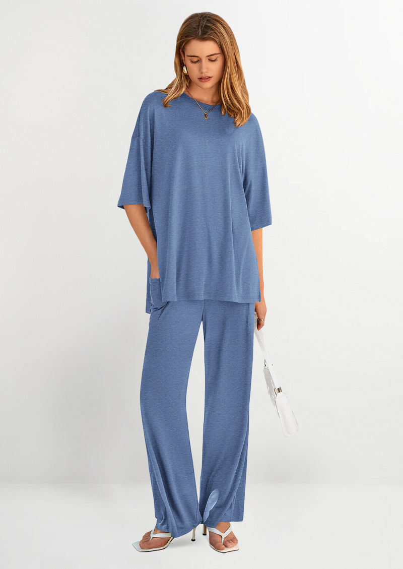 PRETTYGARDEN Women's 2 Piece Outfits Casual Short Sleeve Pullover Tops and Wide Leg Pants Lounge Sets Tracksuits
