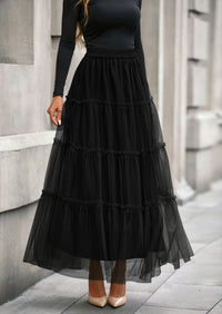 PRETTYGARDEN Maxi Skirts for Women Fall Tulle High Waisted Ruffle Flowy A-Line Long Skirt Country Concert Outfits