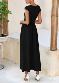 Casual Cap Sleeve Patchwork A Line Flowy Elegant Homecoming Maxi Dress