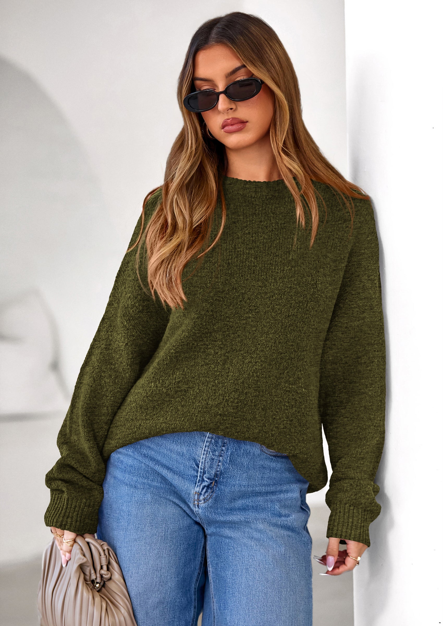 PRETTYGARDEN Womens Fall Long Sleeve Sweater Crew Neck Fuzzy Loose Fit Chunky Knit Oversized Pullover Sweaters Going Out Tops PRETTYGARDEN