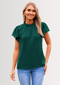 PRETTYGARDEN Business Casual Tops for Women Blouses Dressy Summer Short Sleeve Ruffle Satin Work Office Attire