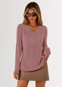 PRETTYGARDEN Women's Long Sleeve Shirts Fall Fashion Clothes Casual Ribbed V Neck Loose Tunic Tops Lightweight Sweaters