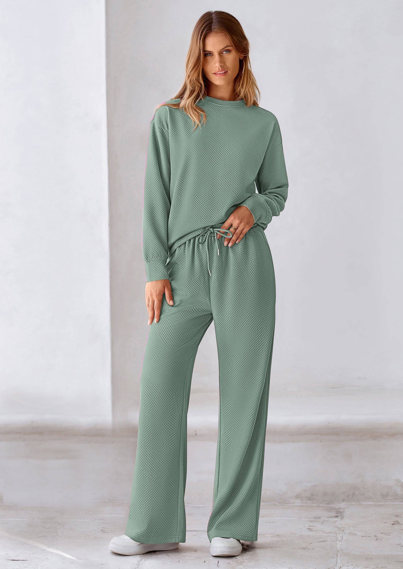PRETTYGARDEN 2 Piece Long Sleeve Pullover Tops and Wide Leg Pants Knitted Lounge Sets