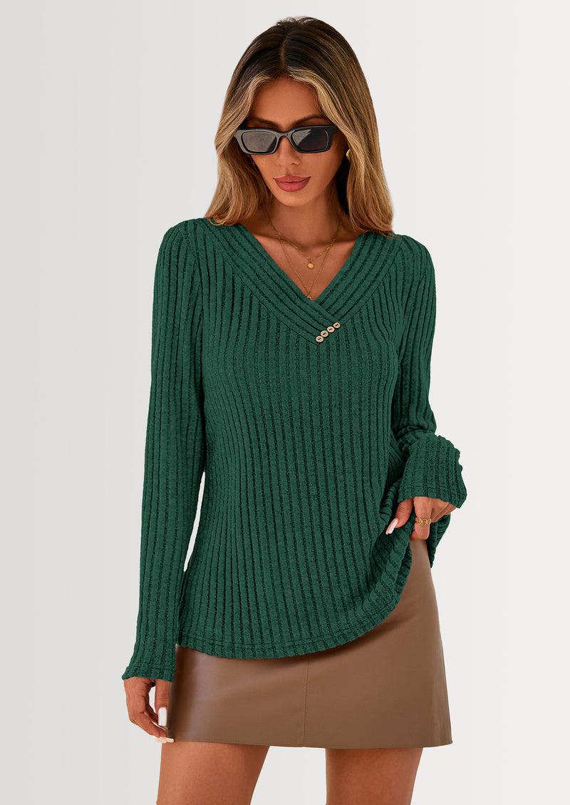 PRETTYGARDEN Women's Long Sleeve Shirts Fall Fashion Clothes Casual Ribbed V Neck Loose Tunic Tops Lightweight Sweaters