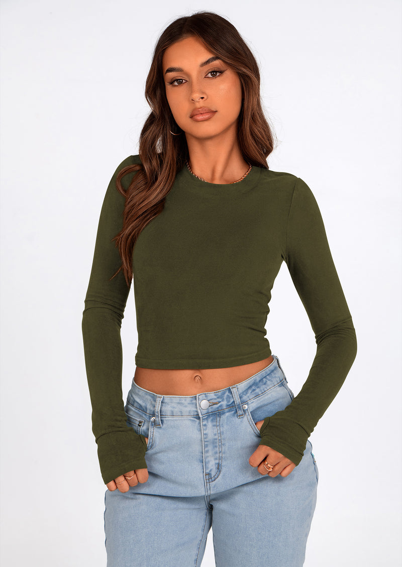 PRETTYGARDEN Women's Long Sleeve Crop Tops Y2K Spring Fall Fashion Clothes Basic Slim Fit Tee Shirts Blouse