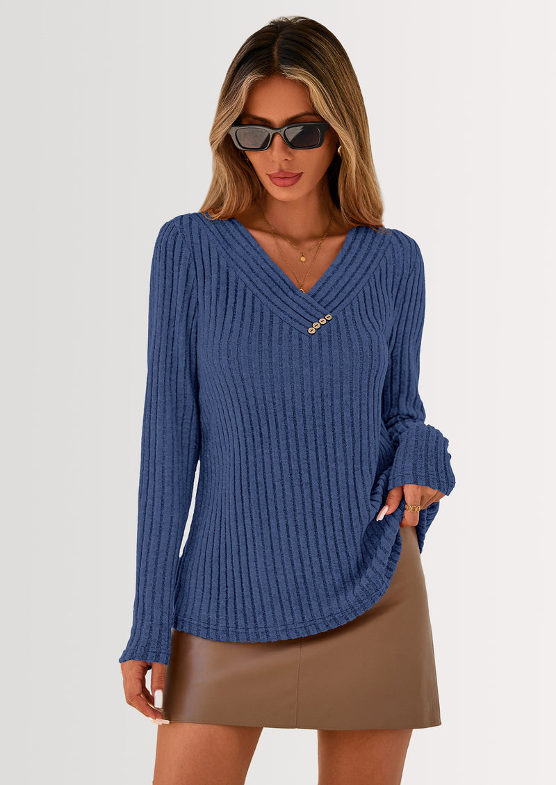 PRETTYGARDEN Women's Long Sleeve Shirts Fall Fashion Clothes Casual Ribbed V Neck Loose Tunic Tops Lightweight Sweaters