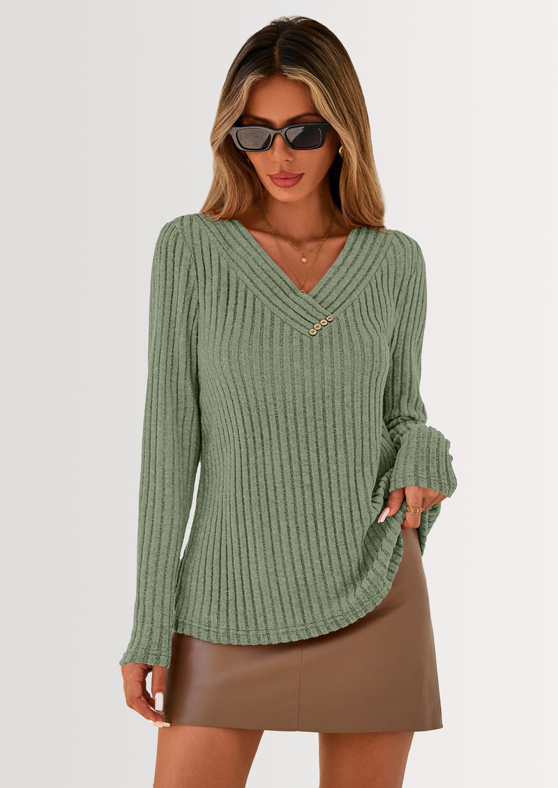 PRETTYGARDEN Women's Long Sleeve Shirts Fall Fashion Clothes Casual Ribbed V Neck Loose Tunic Tops Lightweight Sweaters