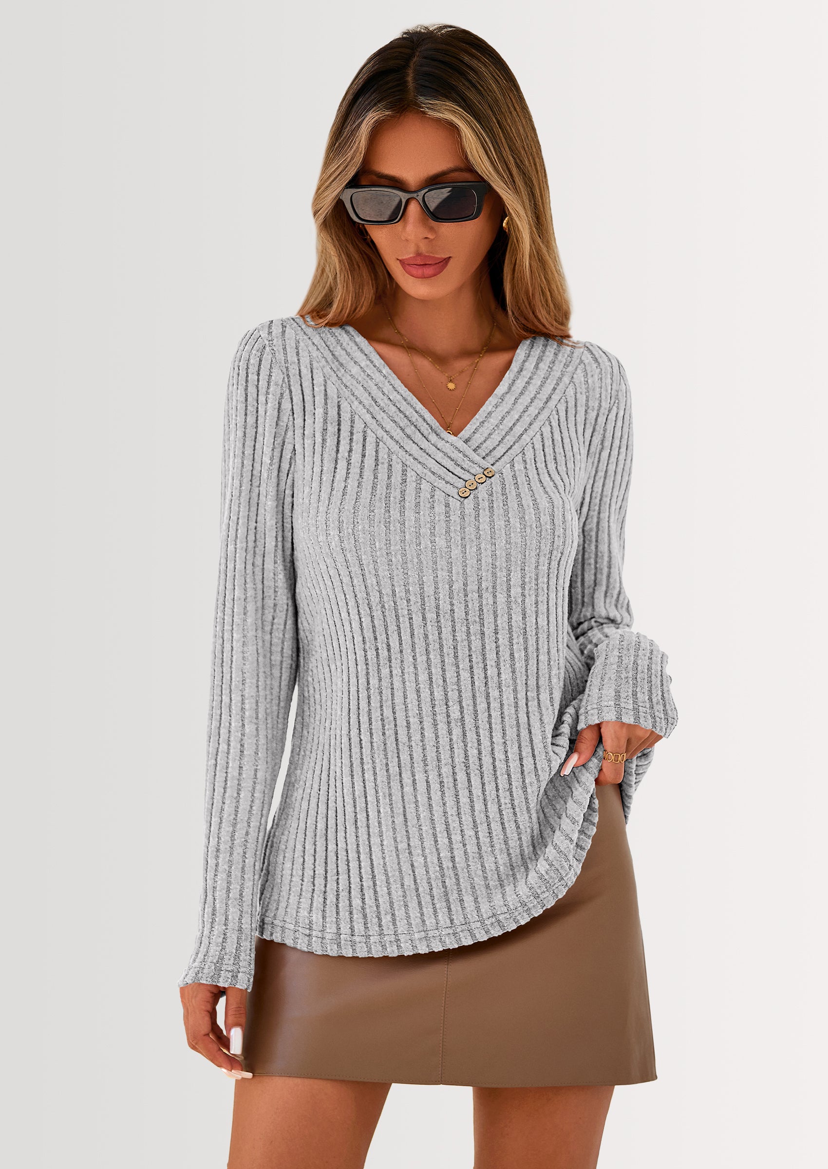 PRETTYGARDEN Women's Long Sleeve Shirts Fall Fashion Clothes Casual Ribbed V Neck Loose Tunic Tops Lightweight Sweaters